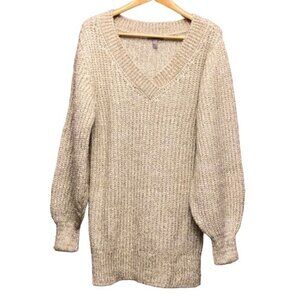 ASOS Gold Metallic Sweater Dress Long Sleeve V Neck Ribbed Trim Size 12 Chunky